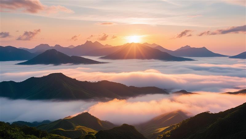 A sunrise over a foggy mountain valley