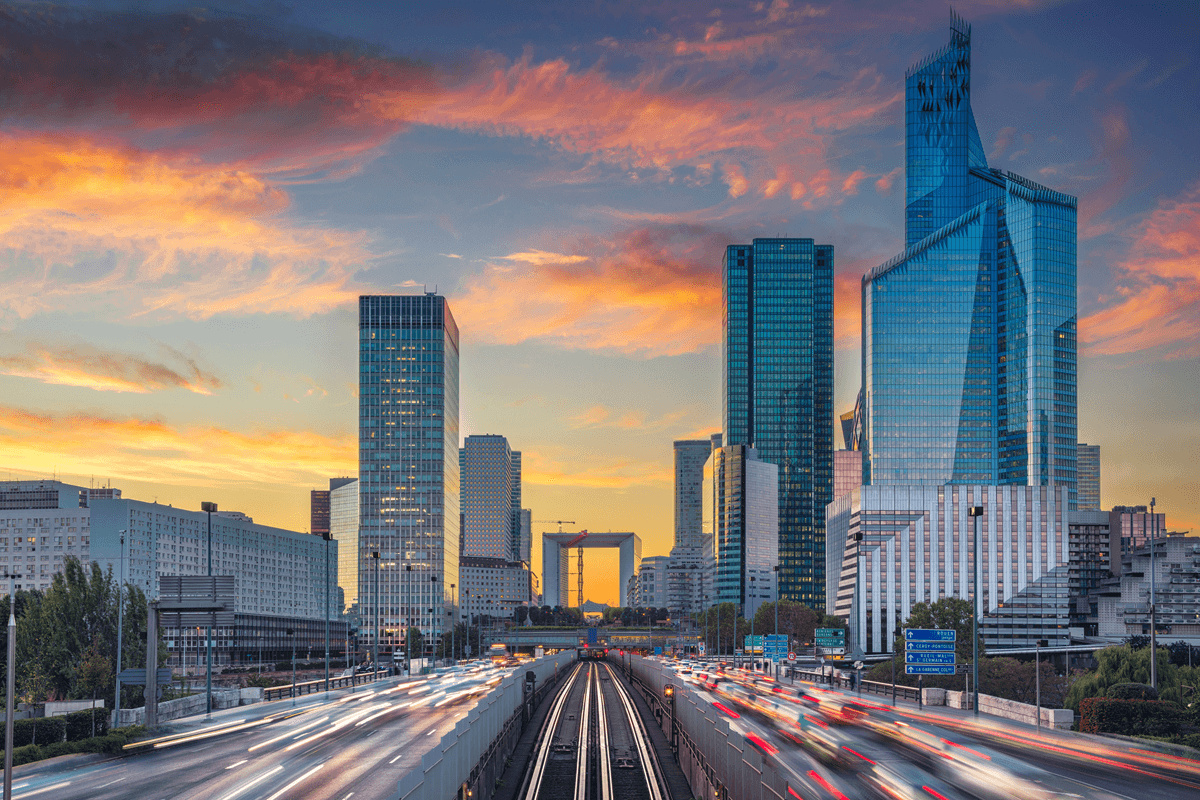 Office buildings in Paris in a sunset