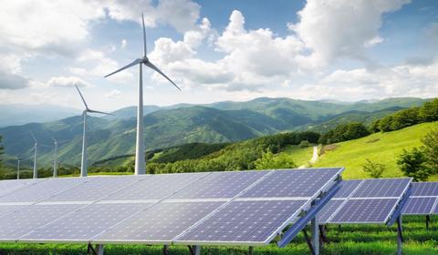 Solar Panel and wind turbines in a field