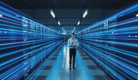 Un professionnel dans les racks de serveurs 