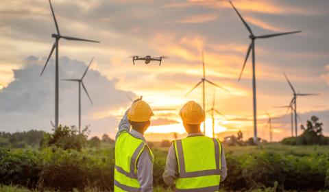 Engineers use drones to inspect wind turbines
