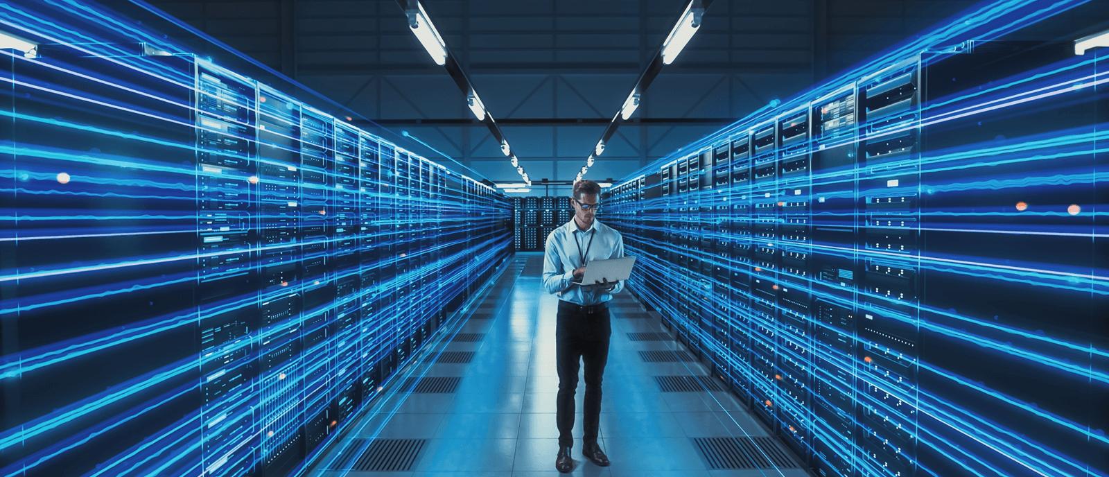 Un technicien dans l'allée des serveurs d'un centre de données moderne