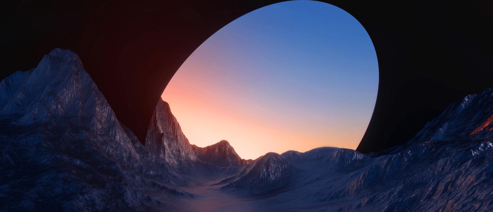 Circular geometric form over a mountain landscape at sunset