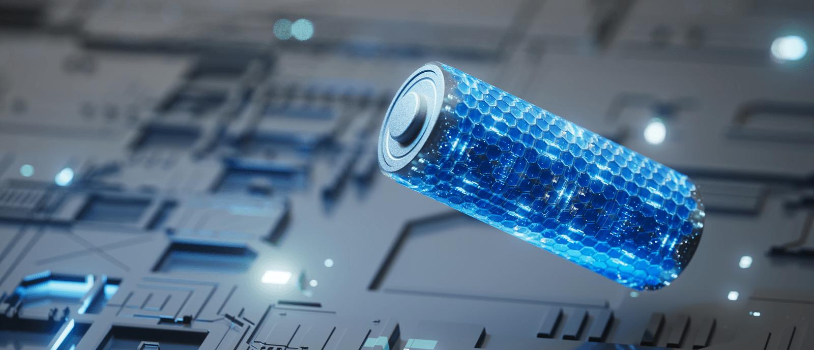 Glowing blue cylindrical battery cell 