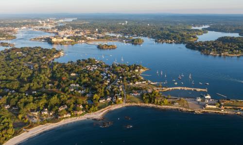 Aerial view harbors at sunrise