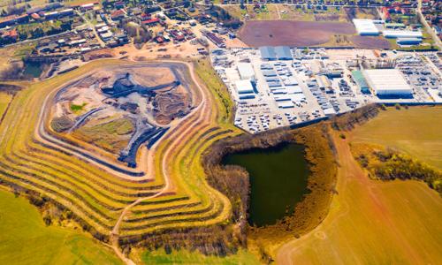Aerial view of recultivated landscape after mining