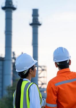 Engineers discussing in front of an oil & Gas factory