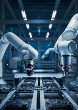 Robotic arms operating on an automated manufacturing line