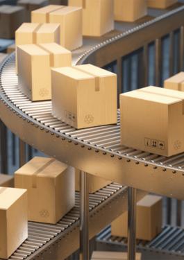 Conveyor system transporting packages in a modern logistics warehouse.