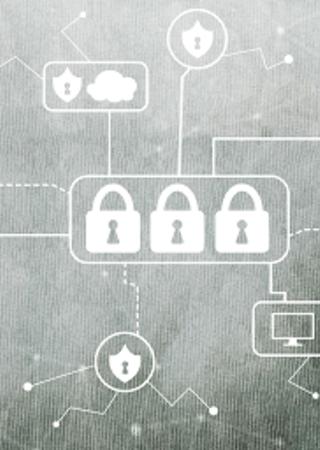 Man connected on laptop + network infographics
