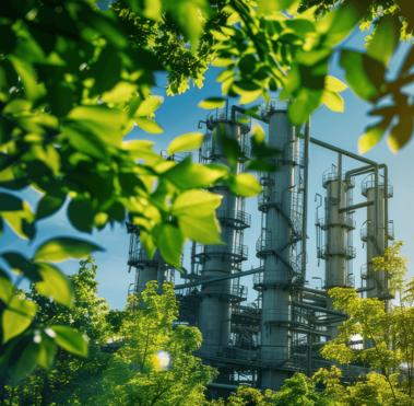 Industry power plant with green trees