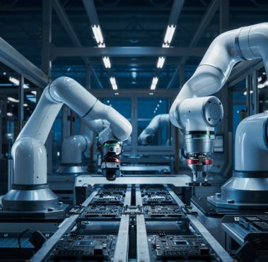Bras robotisés opérant sur une ligne de fabrication automatisée